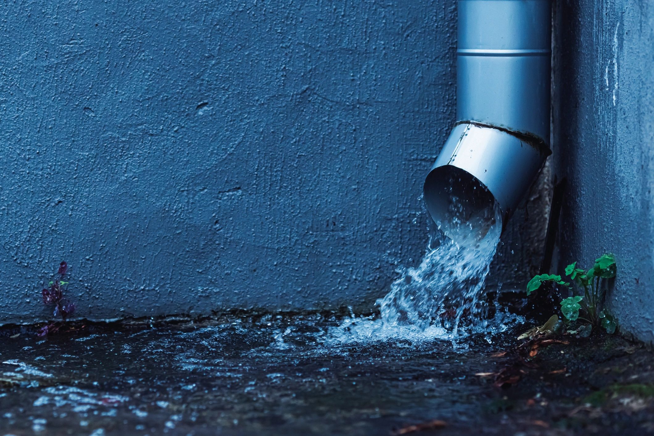 Rainwater flowing from a downspout